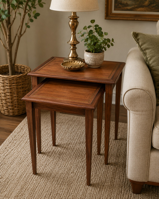 Vintage Nesting Tables Mahogany Gold Inlay Refinished End Tables Pair MCM gallery