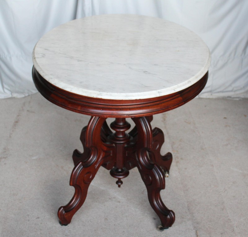 Antique Victorian Oval shaped Marble Top Walnut Parlor Table gallery