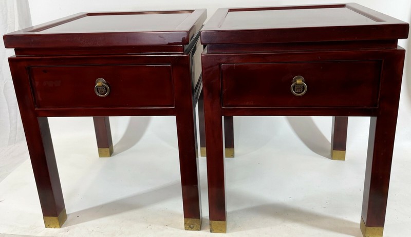RARE Vintage THANH LE Vietnam Pair 19" Red Lacquer Wood Brass Side End Tables gallery