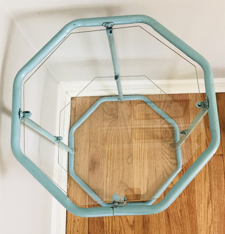 Vintage 1950s Side Table Blue Metal Glass 2 Tier Octagon gallery