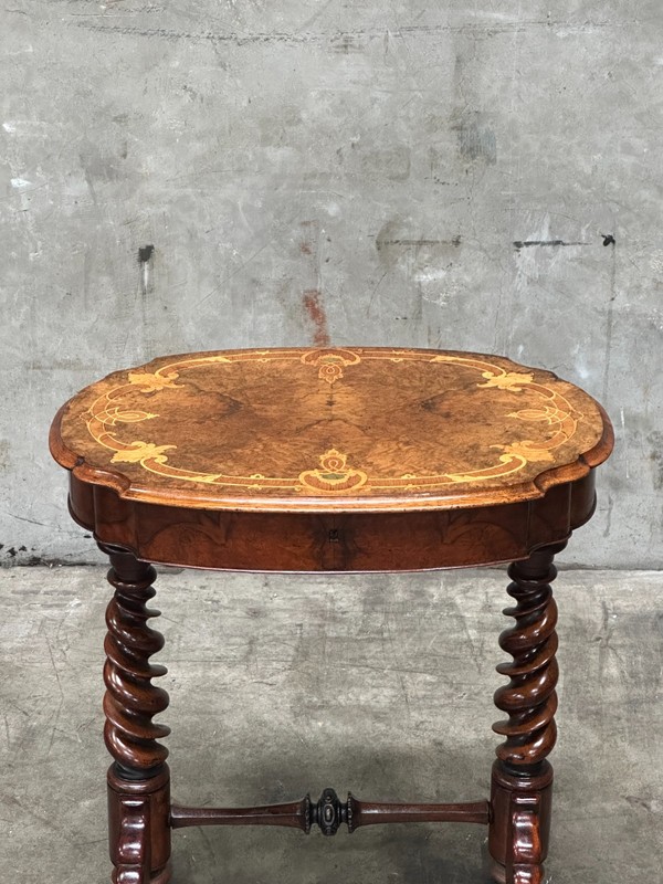 19th C English Burl Walnut Sewing Table Barley Twist Legs 1857 with Inscription gallery