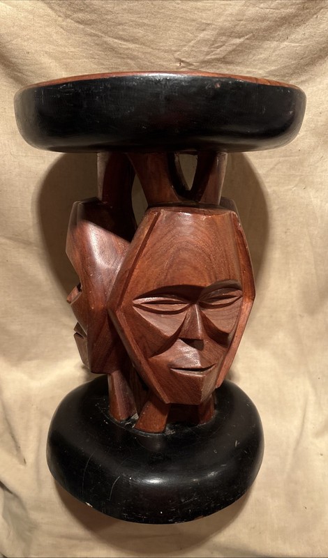 Vintage PLANT STAND / End Table-STOOL 1 Solid Wood Piece Hand Carved Faces Masks gallery