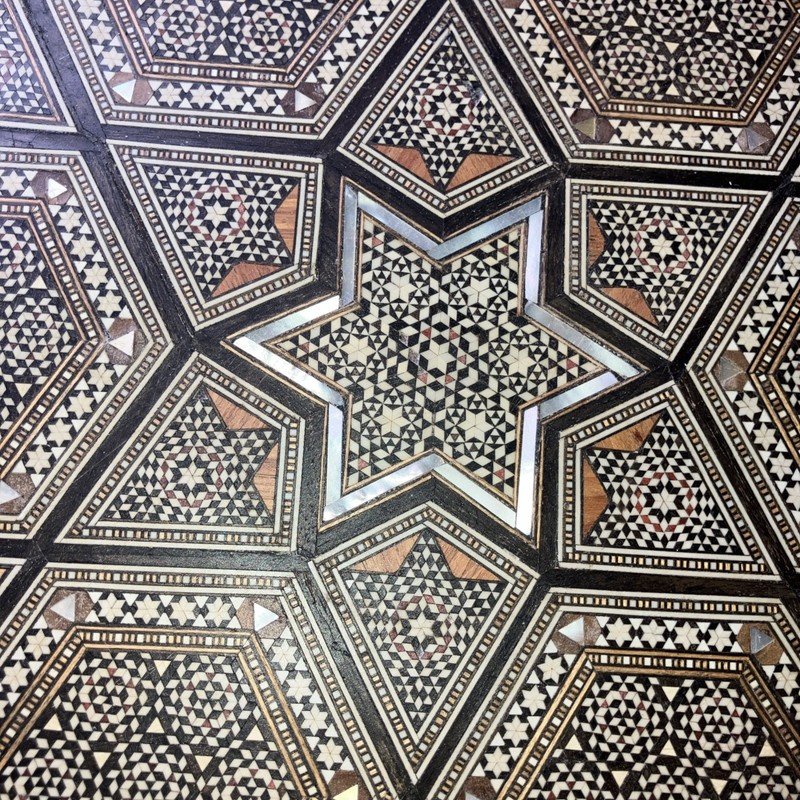 Rare Antique c.1920 Moorish Inlaid Occasional Table-3 Curved Legs-Chipping-Minor gallery