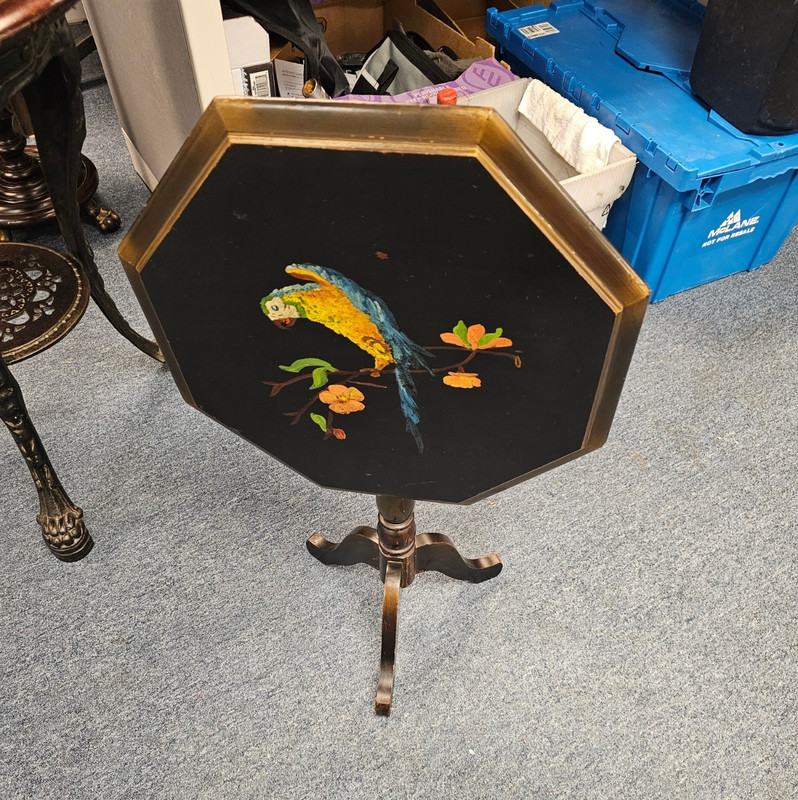 Vintage Brandt Cabinet Works Hand Painted Parrot Octagonal Tilt-Top Tea Table