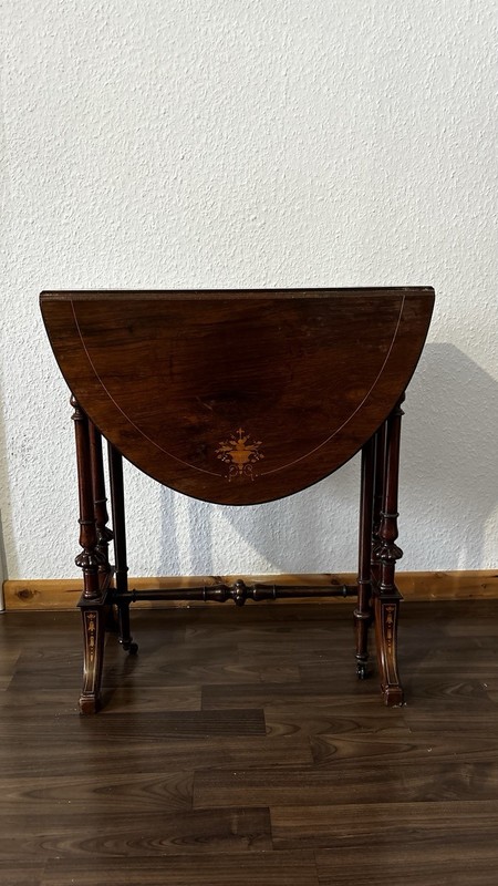 Antique Wooden Drop Leaf Oval Table with Ornate Legs, Inlay Detail, Brown gallery