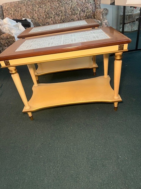 Vintage Mid-Century Modern Tile Top End Tables – Set of 2 – Wood & Gold Accent B