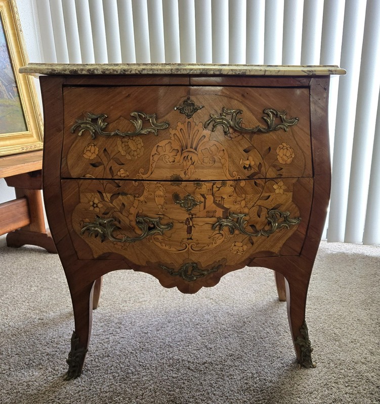 Vintage Louis XVI Marquetry Commode Bombe Side Table WITH Marble and Bronze,30″