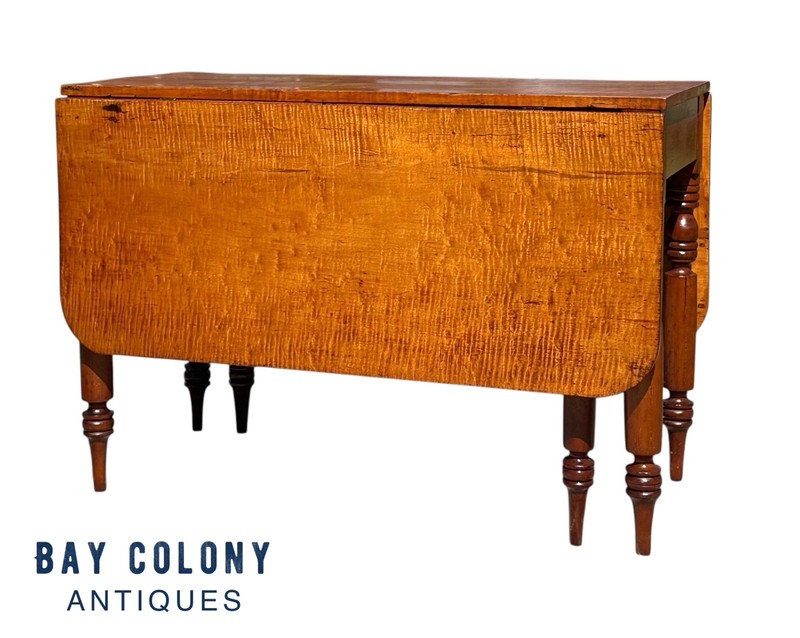 Antique Federal Period New England Tiger Maple & Cherry Dropleaf Dining Table gallery
