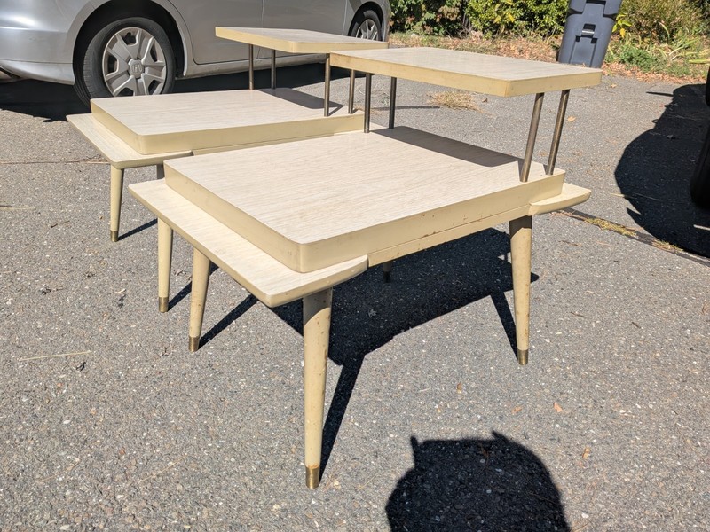 VTG Pair Mid Century Modern Laminate End Table Nightstand 2 Tier Blonde White gallery