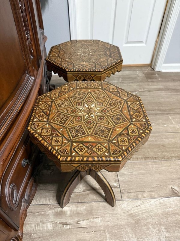 Vintage Pair of 1950s Inlaid Hexagon Side Tables gallery