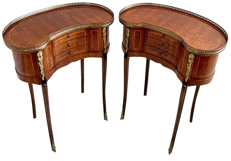 Early 20th-C Louis XV Marquetry Inlaid Kidney Shaped Bed / Side Table, a Pair