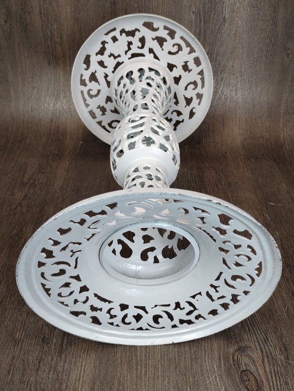 Painted White Solid Brass Plant Stand Pedestal End Table 18” Round Pierced Metal gallery