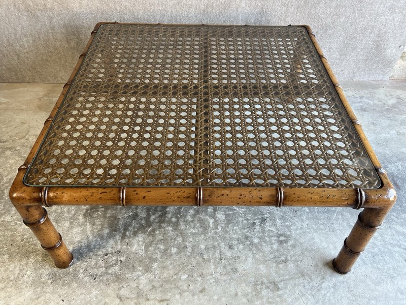 Large Square MCM Hollywood Regency Faux Bamboo Coffee Table w/ Cane & Glass Top gallery