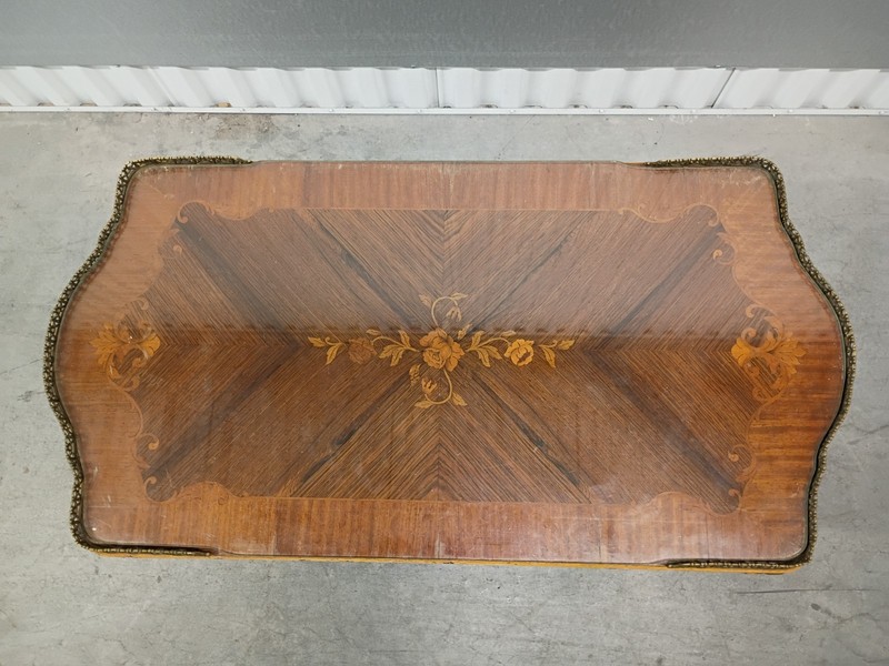 Ornate Hand Carved Wood FRENCH STYLE Inlaid Top Coffee Table with Glass Top gallery