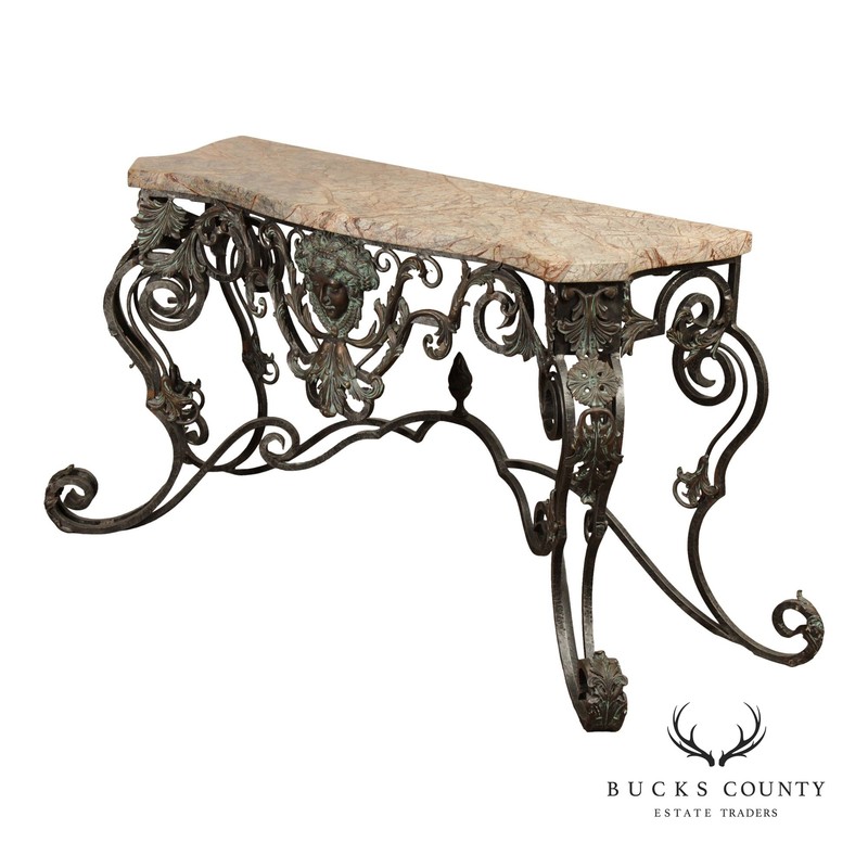 Maitland Smith Rococo Style Scrolled Iron And Bronze Marble Top Console Table