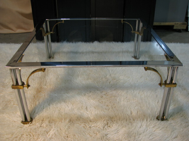 1980’s Hollywood Regency Chrome, Glass & Brass Square Coffee Table