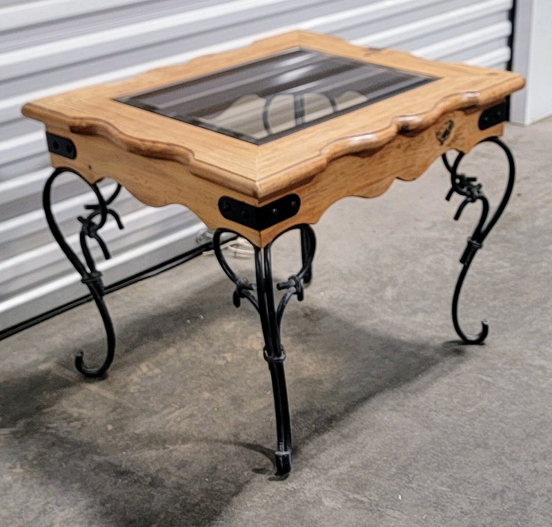 Rustic Primitive High-End Solid Wood & Wrought Iron End Table w/ Glass Top