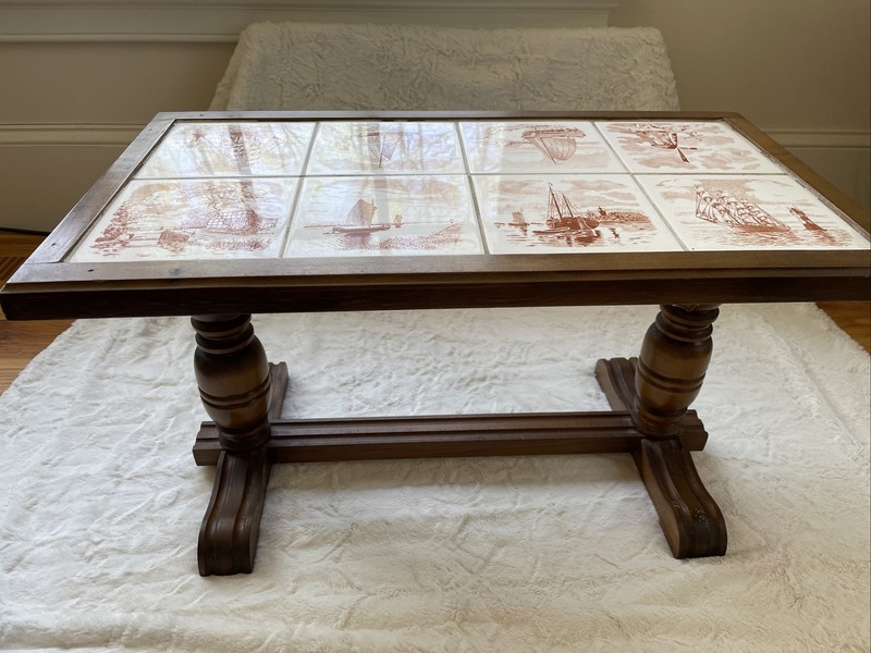 Antique German Accent Table, Wood with Tile Top, 16″ x 14.5″ x 14″