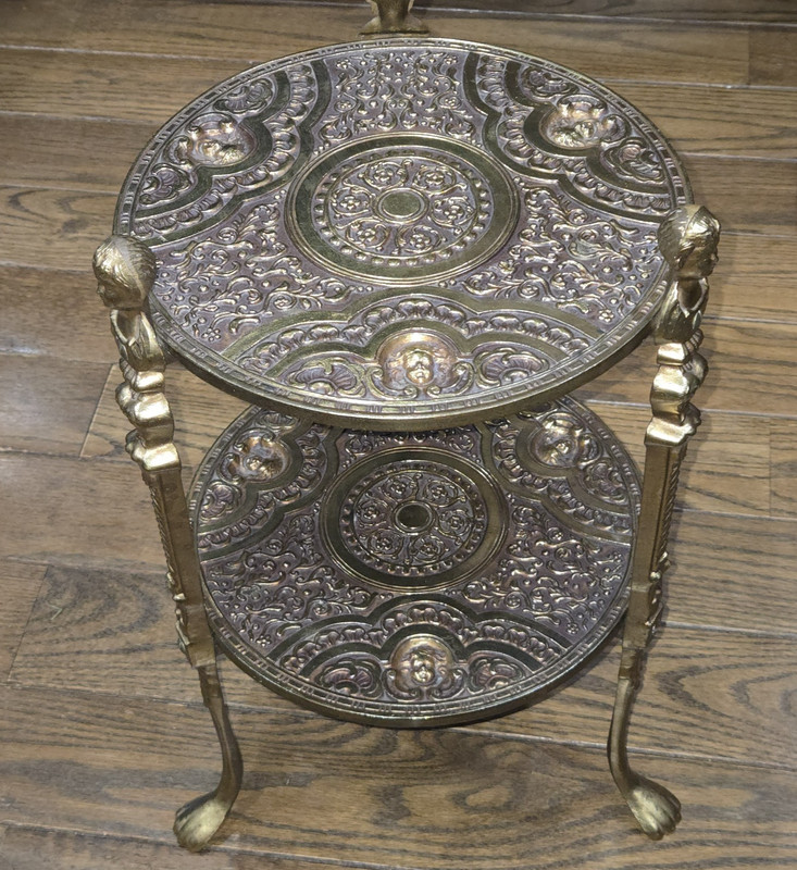 1950s Brass 2-Tier Plant Stand Art Noveau Victorian Cherub Claw Foot Table 19" gallery