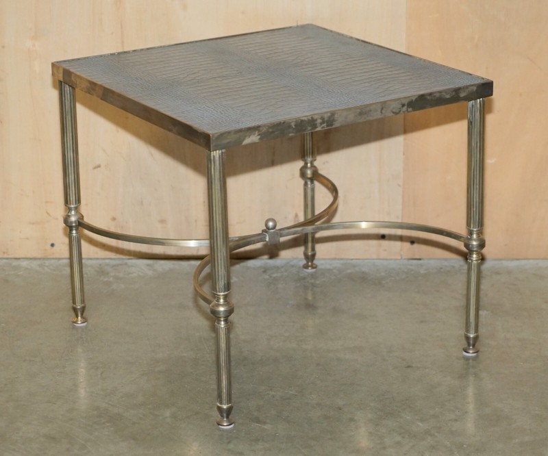 PAIR OF SQUARE VINTAGE CHROME CROCODILE ALLIGATOR LEATHER PATINA SIDE TABLES gallery