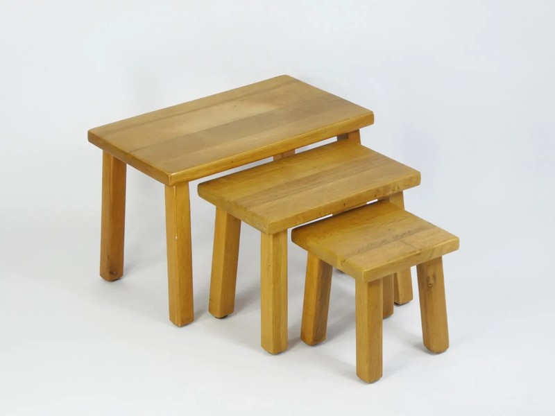Vintage Wooden Nesting Set of 3 Rectangular Tables Brutalist Light Oak Primitive