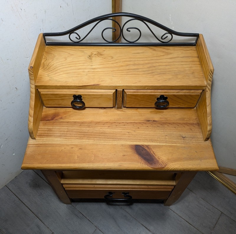 Vintage Rustic Farmhouse Country Pine Wood Petite Desk Kitchen Table w Drawers gallery