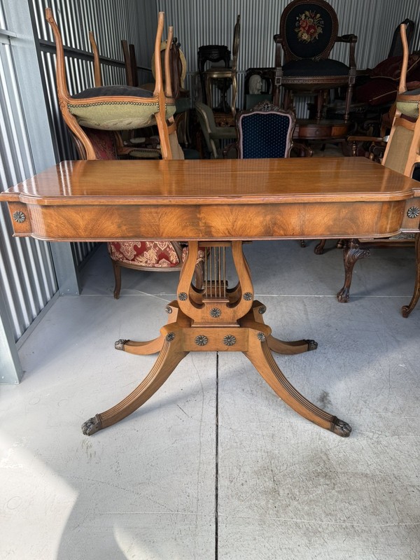 Antique Mahogany Federal card table with lyre pedestal base. 19 th century . gallery
