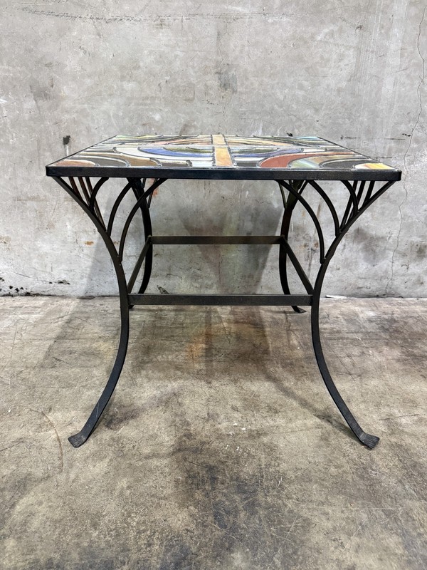 Vintage Stained Glass Side Table Wrought Iron Base Geometric Top gallery