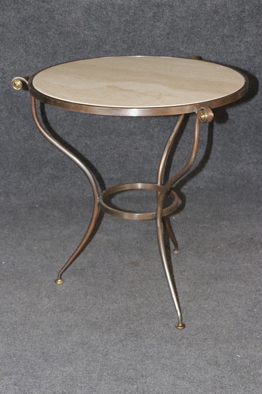 Simple and Sophisticated French Travertine Marble Metal and Brass Gueridon Table gallery