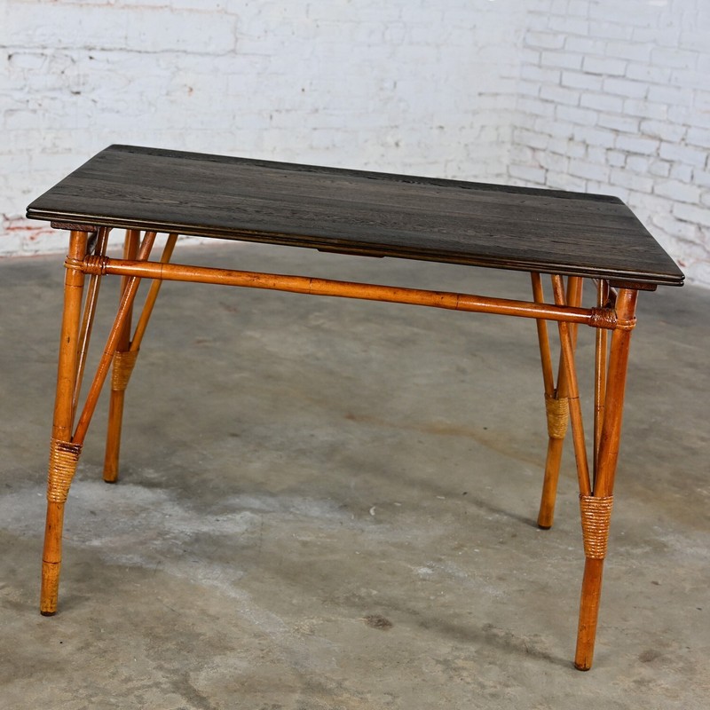 Mid 20th Island Style Rattan Dining Table with Ebony Stained Hardwood Top
