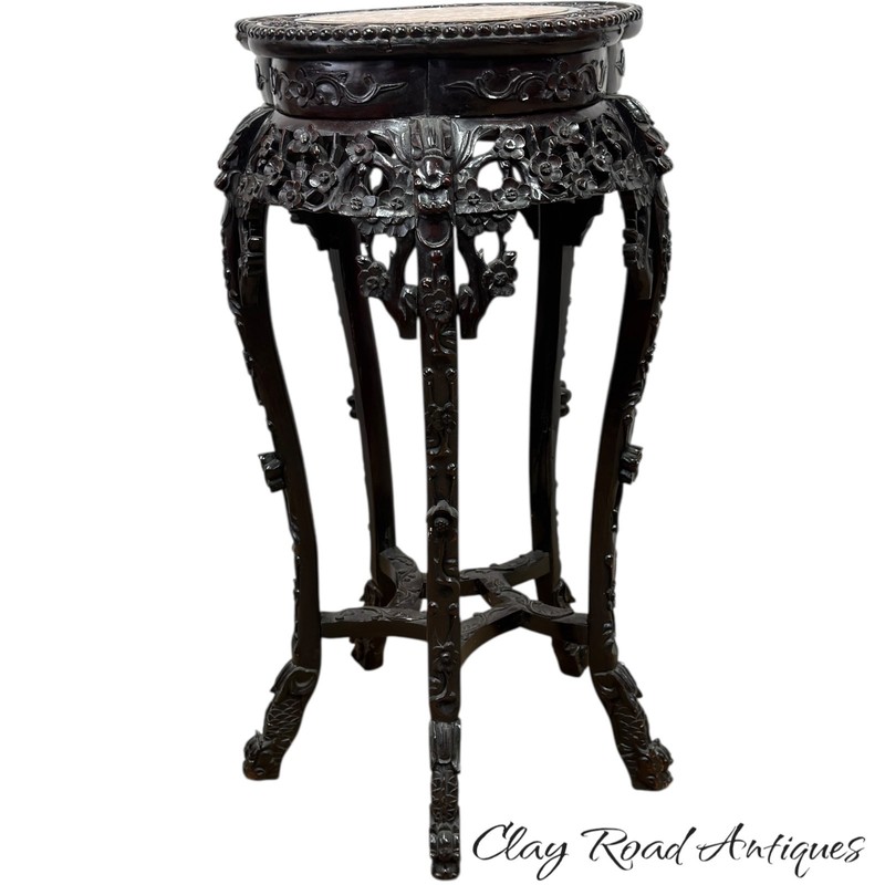 Antique carved rosewood Chinese plant fern stand pedestal marble top table stand gallery