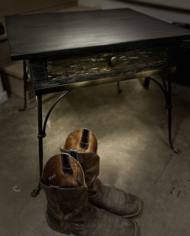 Refurbished Antique Side Table With Drawer And Cast Iron Legs gallery