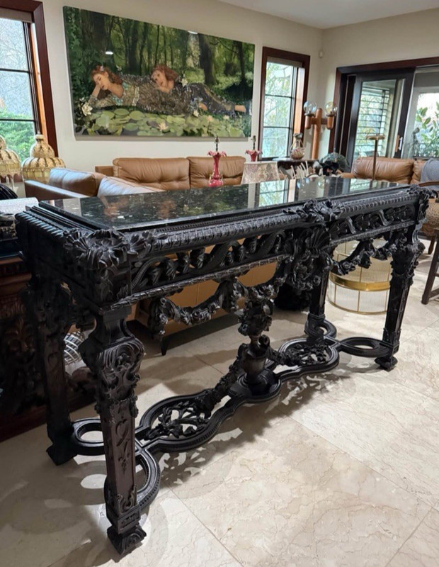 Monumental Hand-Carved Wood Console Table With Heavy Marble Top gallery