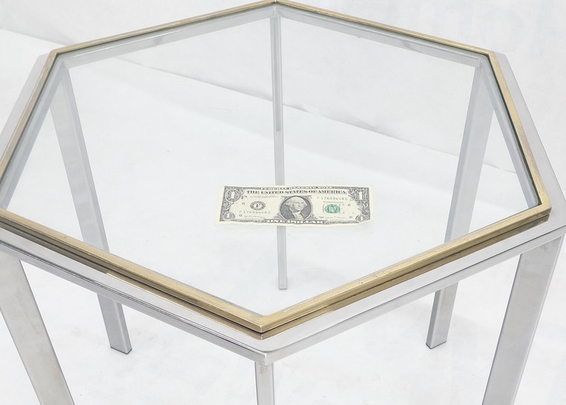 Hexagon Shape Chrome Brass & Glass 22" Tall Occasional Side Table Stand MINT! gallery
