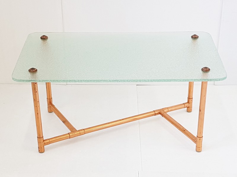 Vintage Coffee Table Glass & Bamboo Copper 1950s Rockabilly