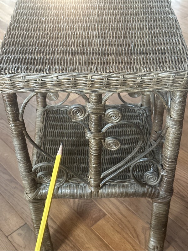 Vintage Victorian Shabby Boho Chic Peacock Wicker Rattan 2-Tier Table Scroll gallery