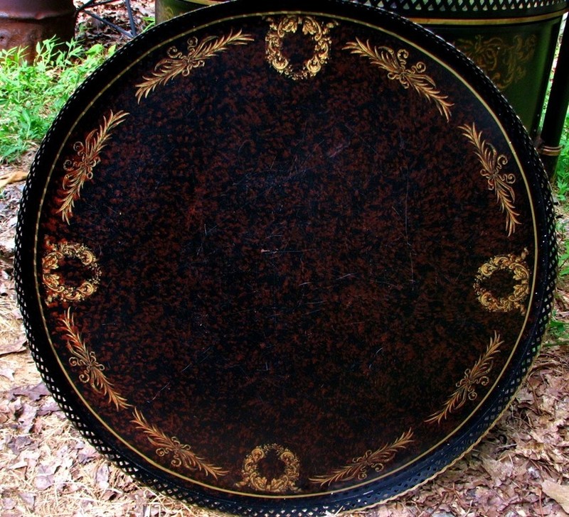 ANTIQUE TOLE BAR TABLE TRAY TOP SWAN HANDLES c.1940'S gallery