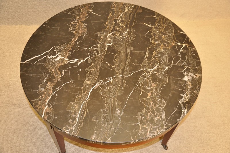 Regency Mahogany Round Coffee Table With Original Portoro Marble Top, c. 1940's gallery