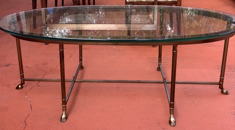 Italian Neo-Classical Regency Hoof Footed Oval Brass & Glass Cocktail Table gallery
