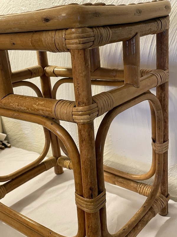 Vintage Woven Bamboo Rattan Wicket Side End Table Plant Stand Boho Chic MCM gallery
