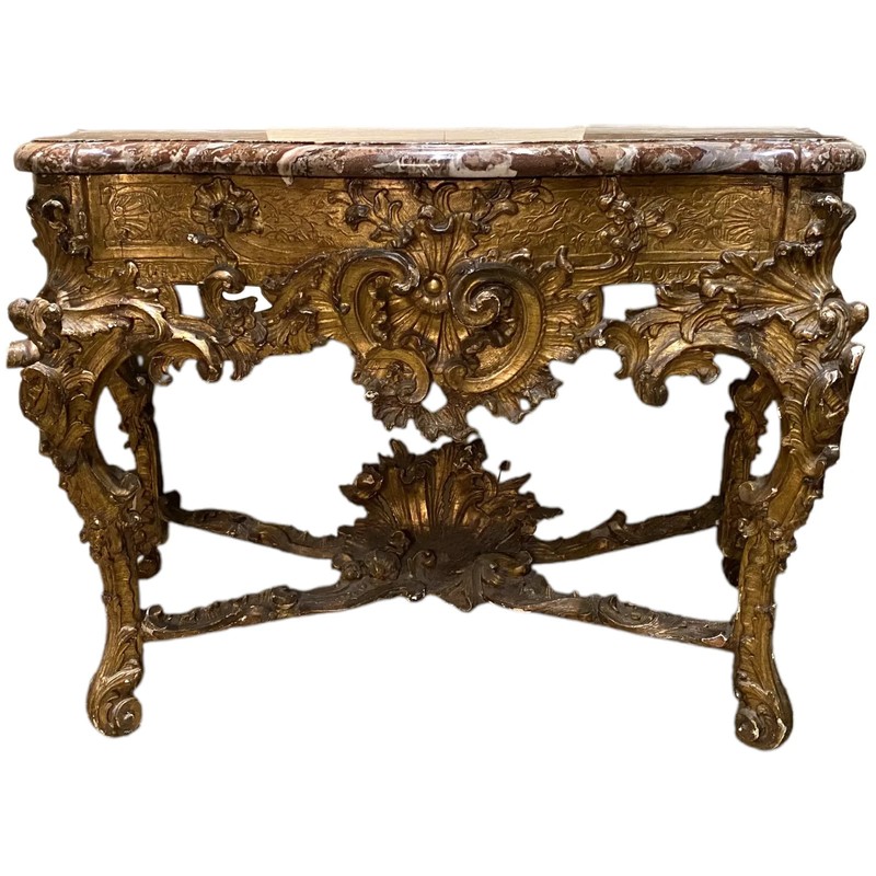 Exceptional 18th Century Rococo Giltwood Marble Top Console Table