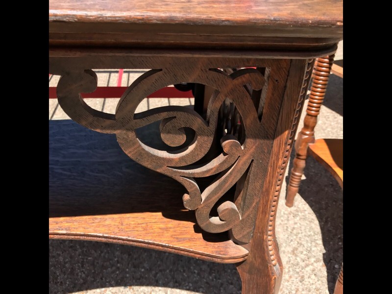 antique tiger oak end table lamp table accent table scroll cutout detail gallery