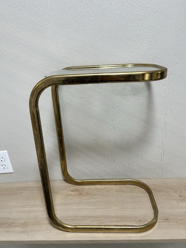 Vintage MCM Milo Baughman Style Brass Tone Glass Top Cantilever Side Table