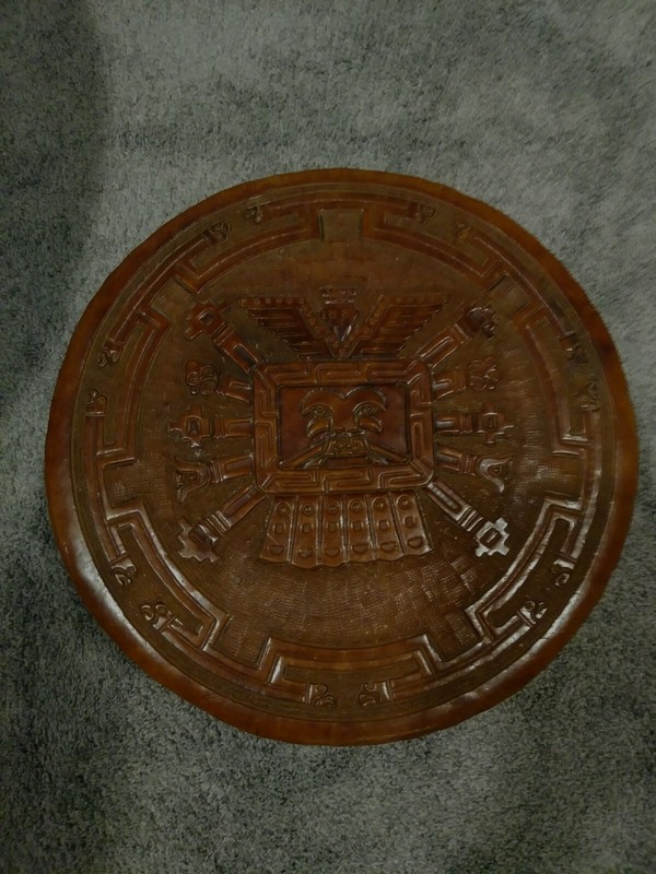 Rare Peruvian Hand Tooled Leather Wooden Coffee Table With 4 Stools Vintage gallery