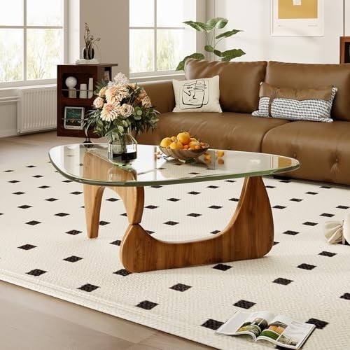 Mid Century Modern Coffee Table for Living Room - Glass Top, Walnut Finish, Styl gallery