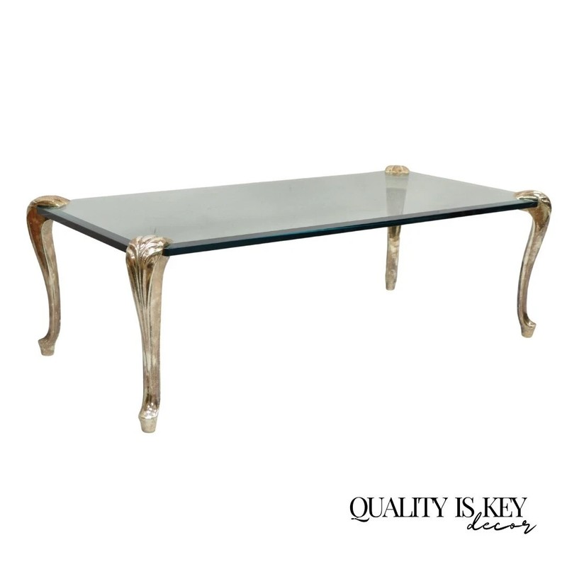 Vintage French Hollywood Regency Beveled Glass Bronze Cabriole Leg Coffee Table