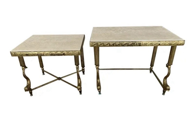 MAGNIFICENT HOLLYWOOD REGENCY BRASS & STONE TOP NESTNG TABLES WITH DOLPHNS 2 PCS gallery