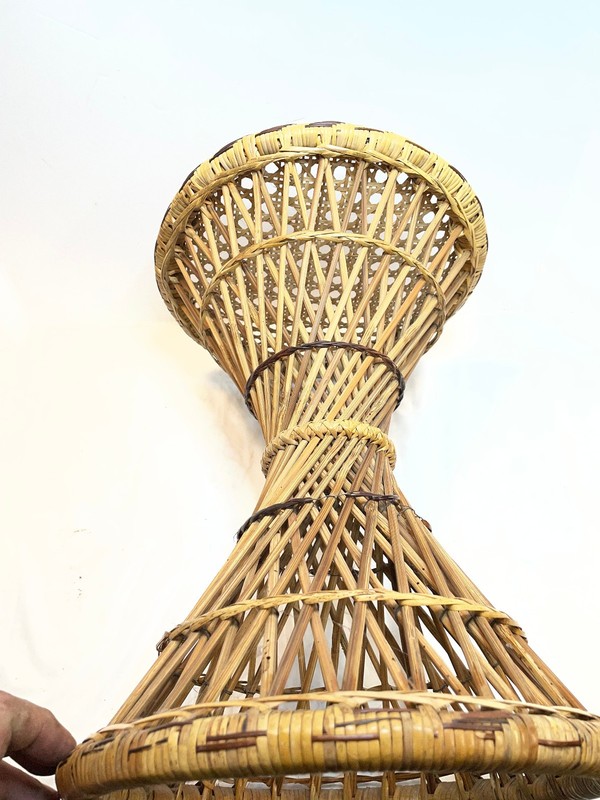 Vintage Wicker Rattan End Table Plant Stand Round Hour Glass 17" x 12.25" gallery