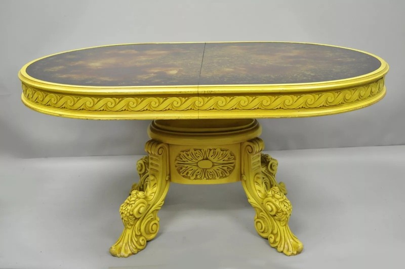 French Baroque Rococo Style Oval Eglomise Art Glass Top Yellow Dining Table gallery