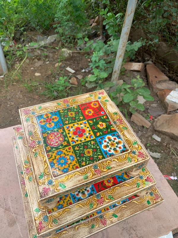 White HandMade Wooden Chowki Set Embossed Antique Design Wooden Table Low Stool gallery